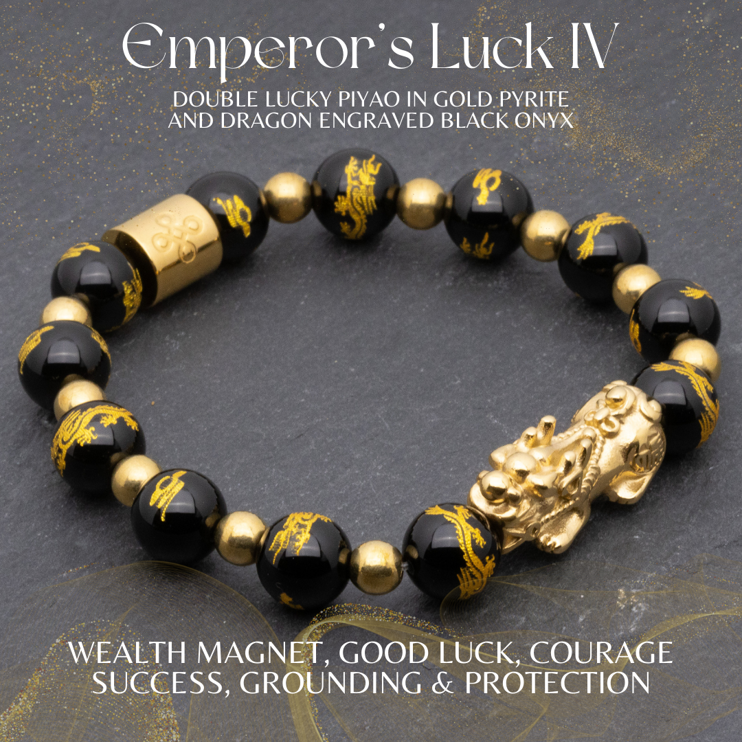 Emperor's Luck IV - Lucky Piyao in Gold Pyrite and Dragon Engraved Black  Onyx Bracelet