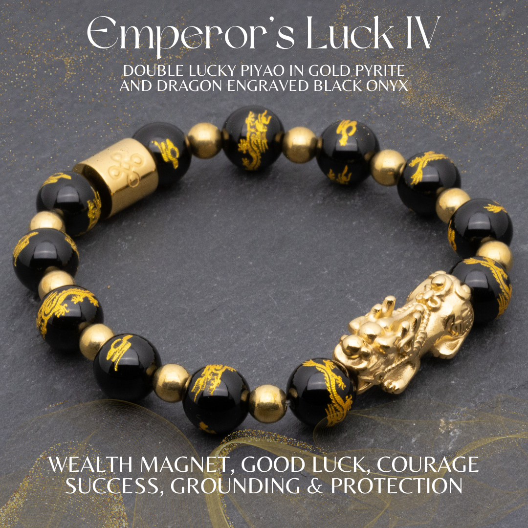 Emperor s Luck IV Lucky Piyao in Gold Pyrite and Dragon Engraved Black Onyx Bracelet