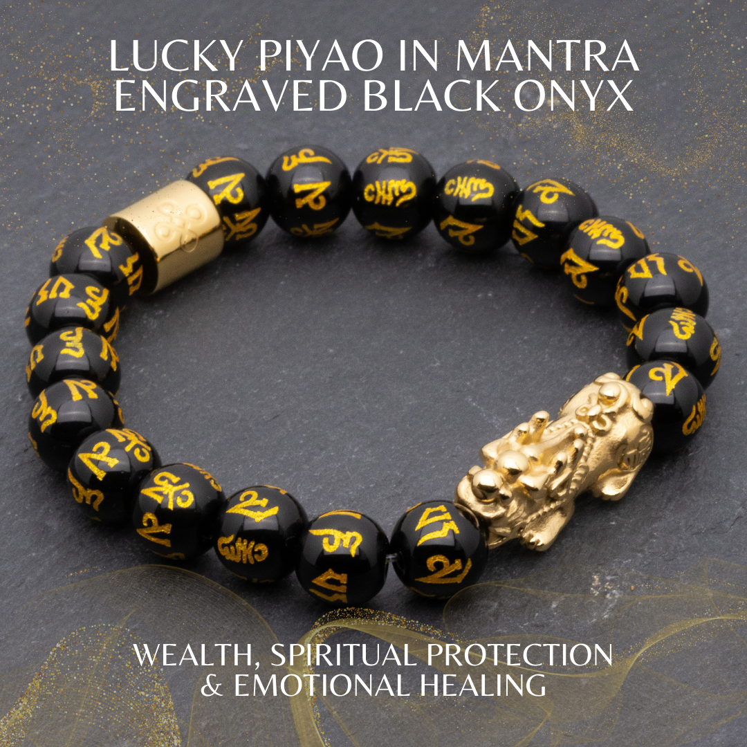 Lucky Piyao in Mantra Engraved Black Onyx Bracelet
