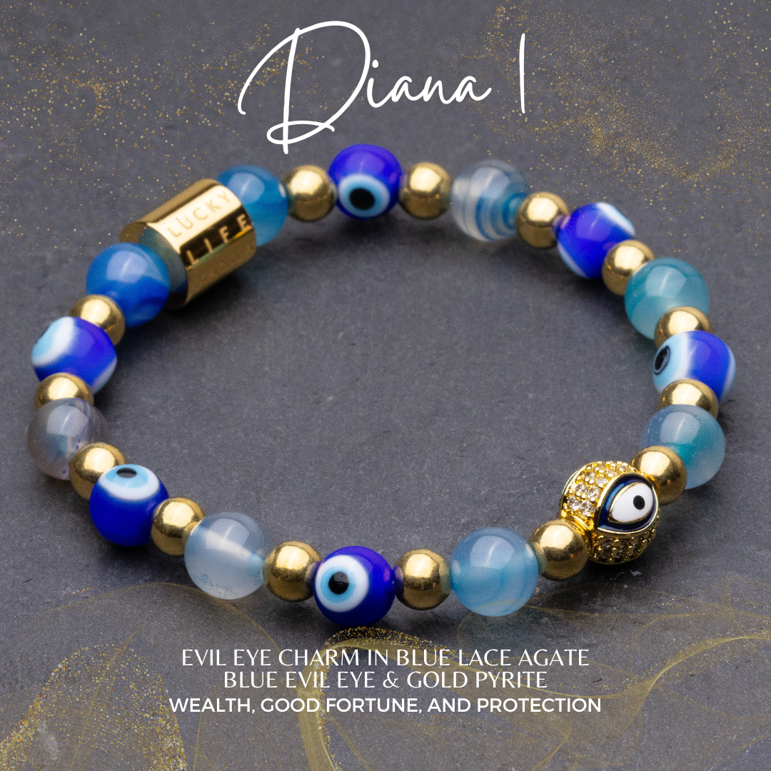 Diana I - Blue Evil Eye, Blue Lace Agate & Gold Pyrite