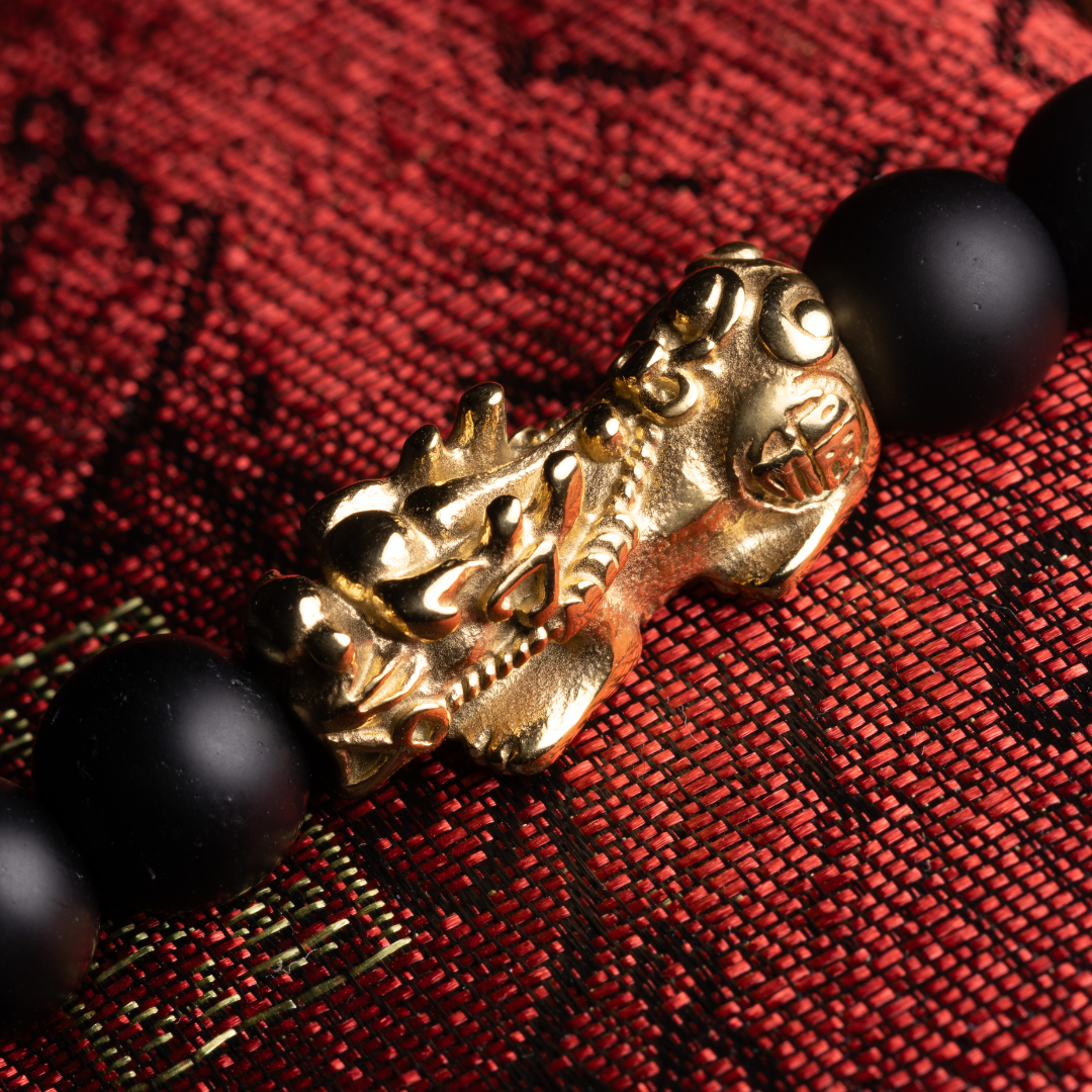 Lucky Piyao in Mantra Engraved Black Onyx Bracelet