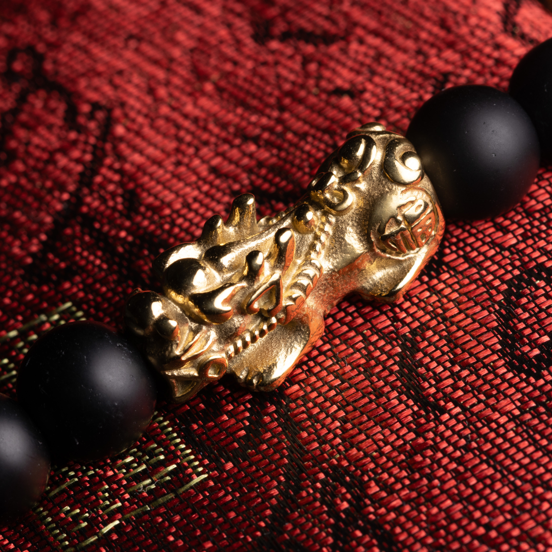 Lucky Piyao in 9-Coins Engraved Black Onyx Bracelet - Lucky Life Manila