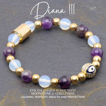 Diana III Bracelet - Evil Eye Charm, Amethyst, Moonstone & Gold Pyrite Bracelet - Lucky Life Manila