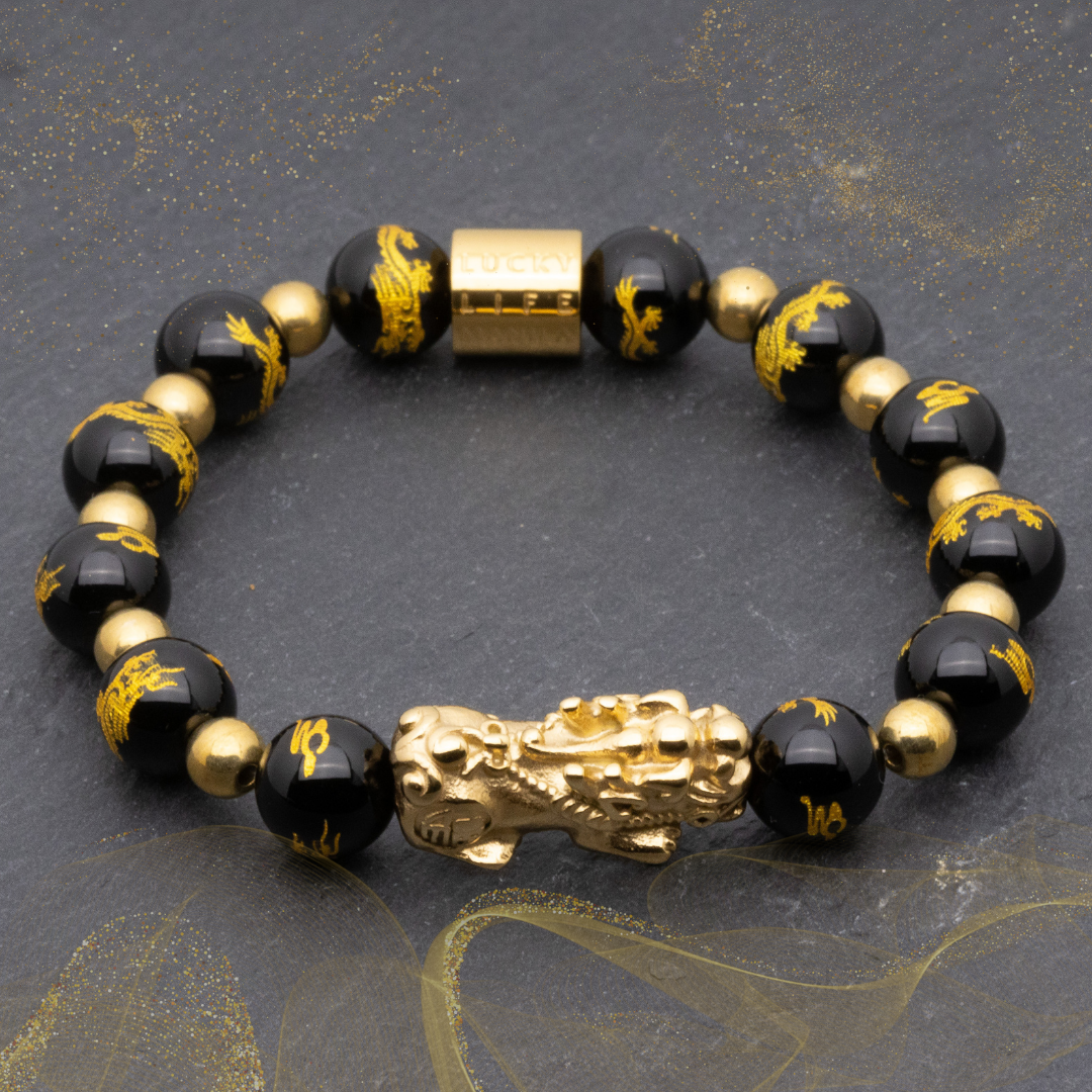 Emperor's Luck IV - Lucky Piyao in Gold Pyrite and Dragon Engraved Black Onyx Bracelet
