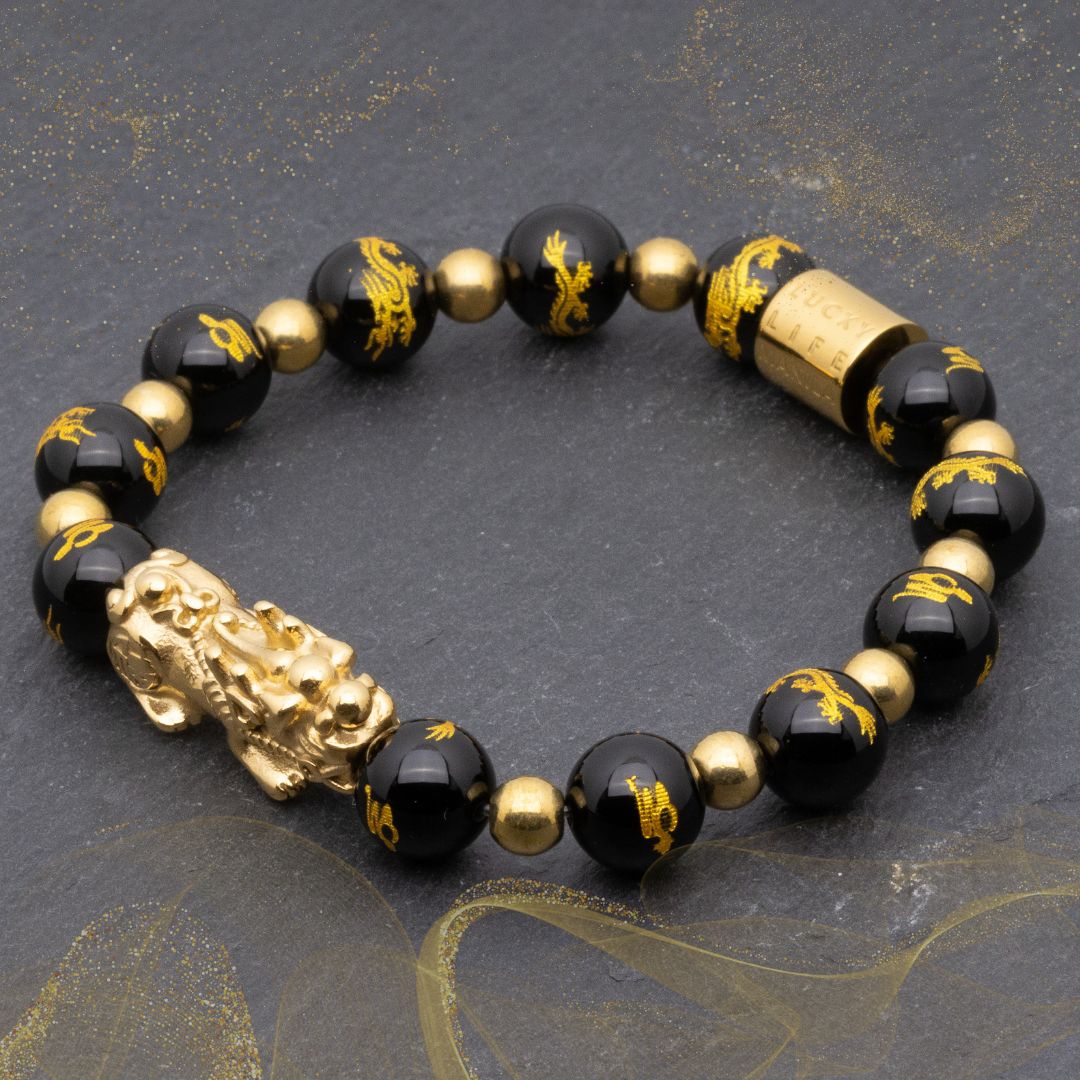 Emperor's Luck IV - Lucky Piyao in Gold Pyrite and Dragon Engraved Black Onyx Bracelet