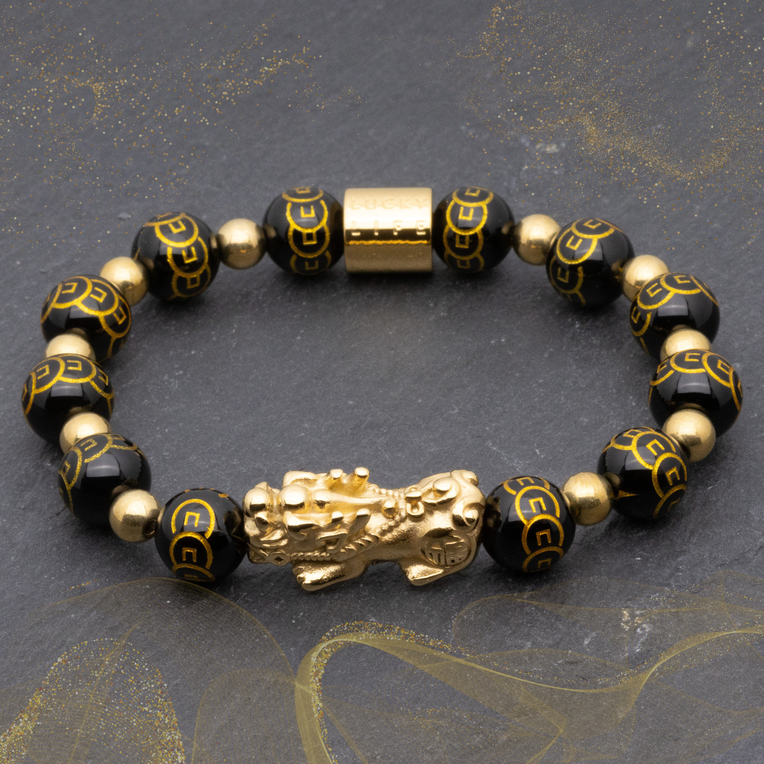 Emperor's Luck V - Lucky Piyao in Golden Pyrite and 9 Coins Engraved Black Onyx Bracelet