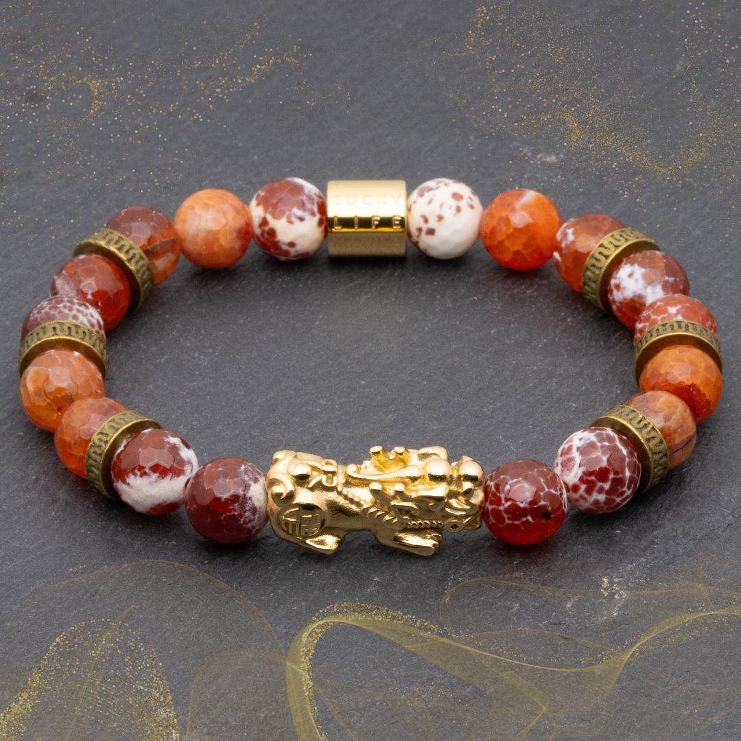 Helios I Bracelet - Lucky Piyao in Faceted Red Fire & Snake Skin Agate