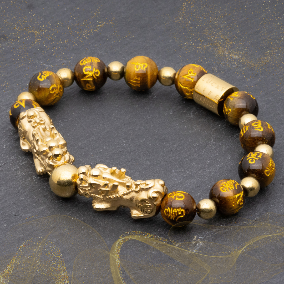 Emperor's Luck II Bracelet - Double Lucky Piyao in Gold Pyrite and Mantra Engraved Brown Tiger's Eye Bracelet