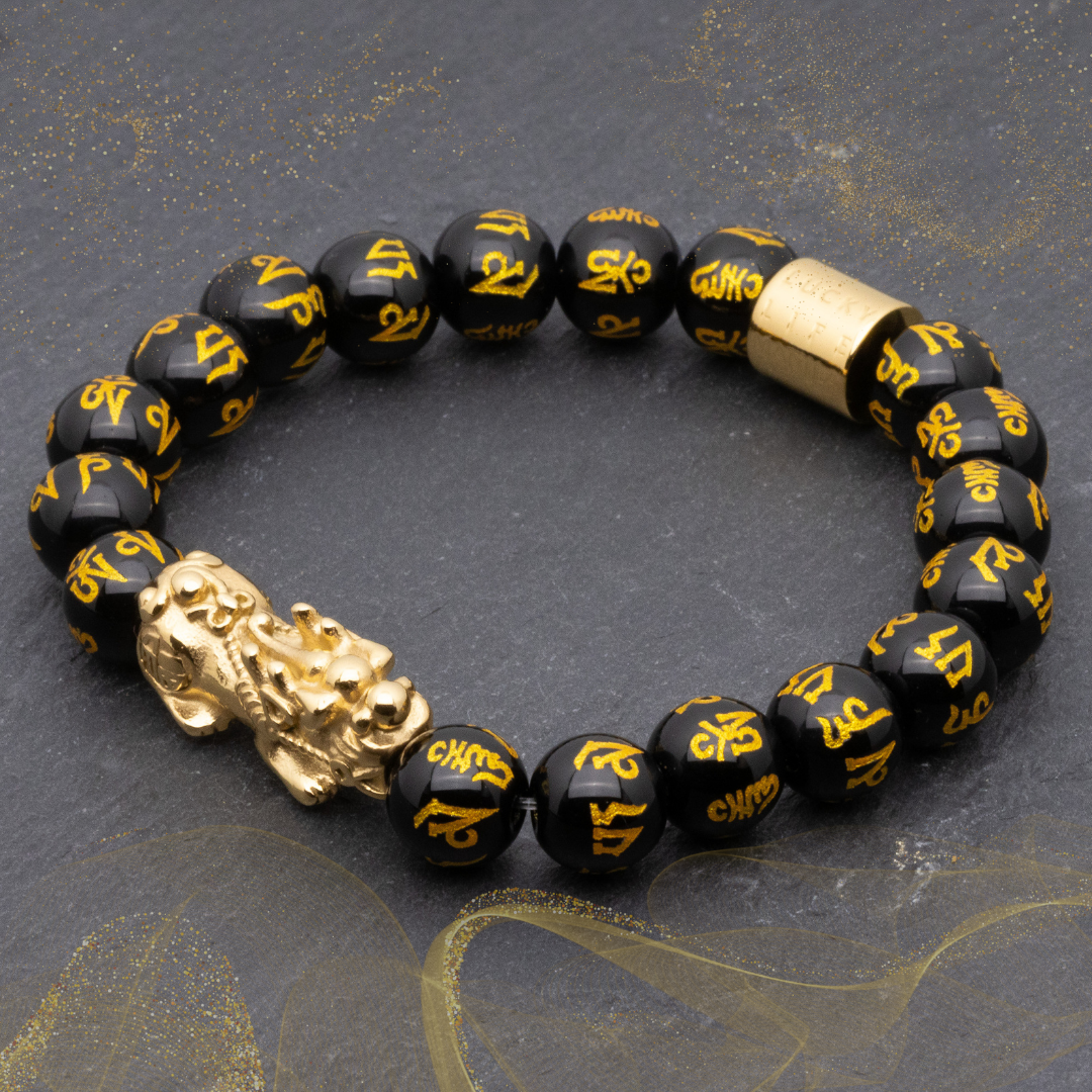 Lucky Piyao in Mantra Engraved Black Onyx Bracelet