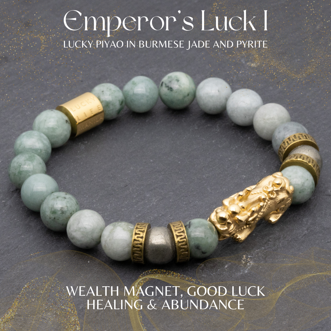 Emperor's Luck I - Lucky Piyao in Burmese Jade & Pyrite Bracelet