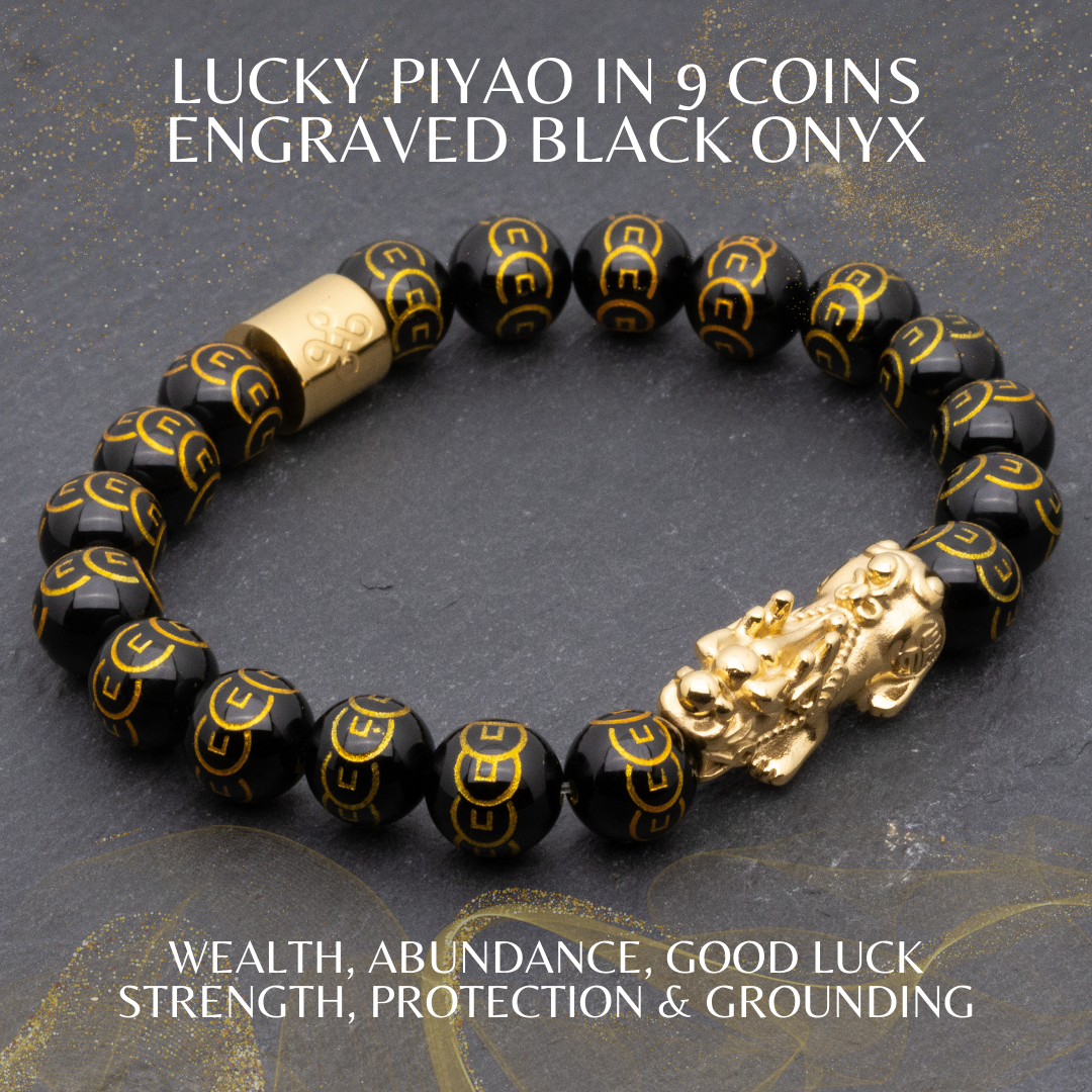 Lucky Piyao in 9-Coins Engraved Black Onyx Bracelet