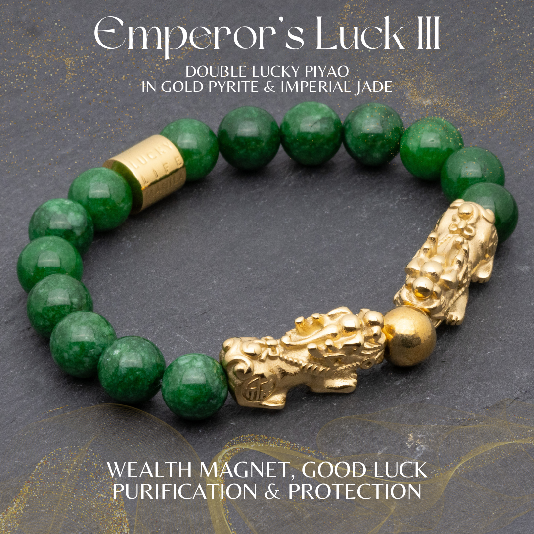 Emperor's Luck III - Double Lucky Piyao in Gold Pyrite and Imperial Jade Bracelet - Lucky Life Manila
