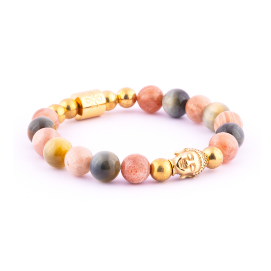 Apollo I Bracelet (Buddha Head Charm in Natural Golden Sunstone, Sunstone & Golden Blue Tigers Eye)