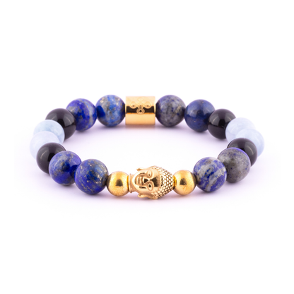 Hermes I Bracelet (Buddha Head Charm in Natural Lapis Lazuli, Aquamarine, and Gold Sheen Obsidian)