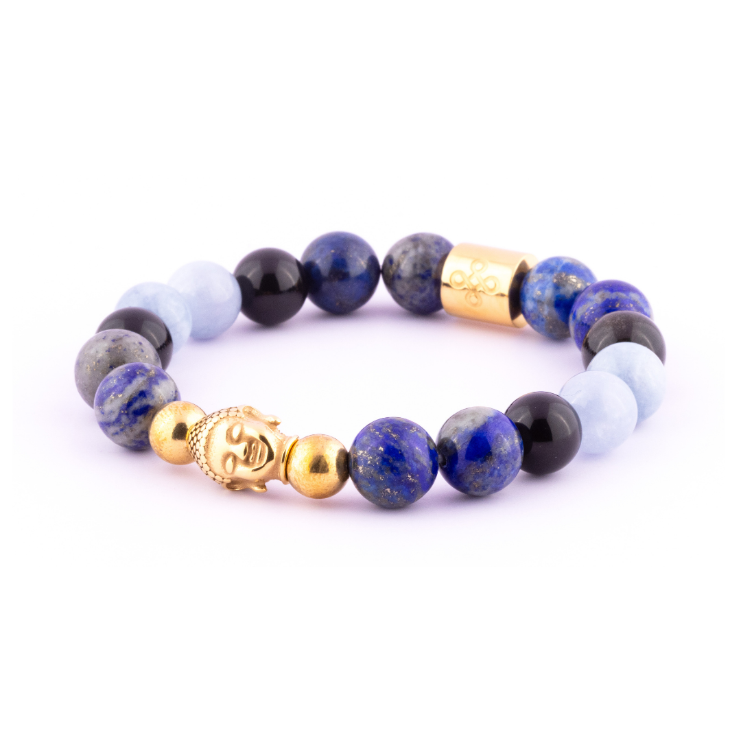 Hermes I Bracelet (Buddha Head Charm in Natural Lapis Lazuli, Aquamarine, and Gold Sheen Obsidian)