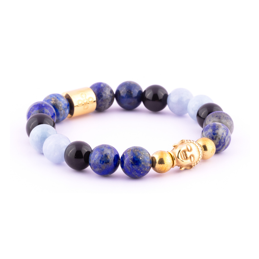 Hermes I Bracelet (Buddha Head Charm in Natural Lapis Lazuli, Aquamarine, and Gold Sheen Obsidian)