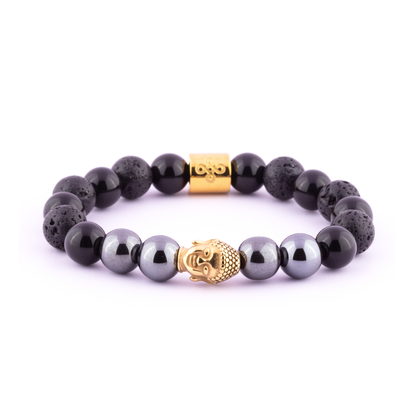 Stoeria I Bracelet (Buddha Head Charm in Natural Hematite, Lava Stone & Black Onyx)