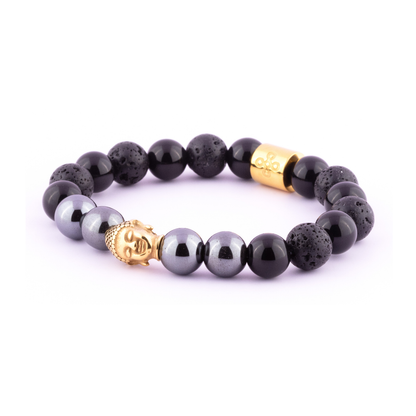 Stoeria I Bracelet (Buddha Head Charm in Natural Hematite, Lava Stone & Black Onyx)