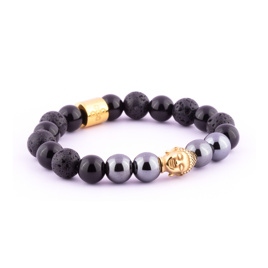 Stoeria I Bracelet (Buddha Head Charm in Natural Hematite, Lava Stone & Black Onyx)