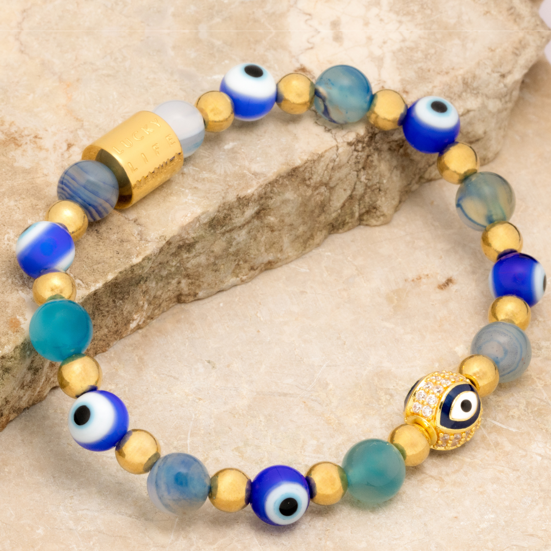 Diana I - Blue Evil Eye, Blue Lace Agate & Gold Pyrite