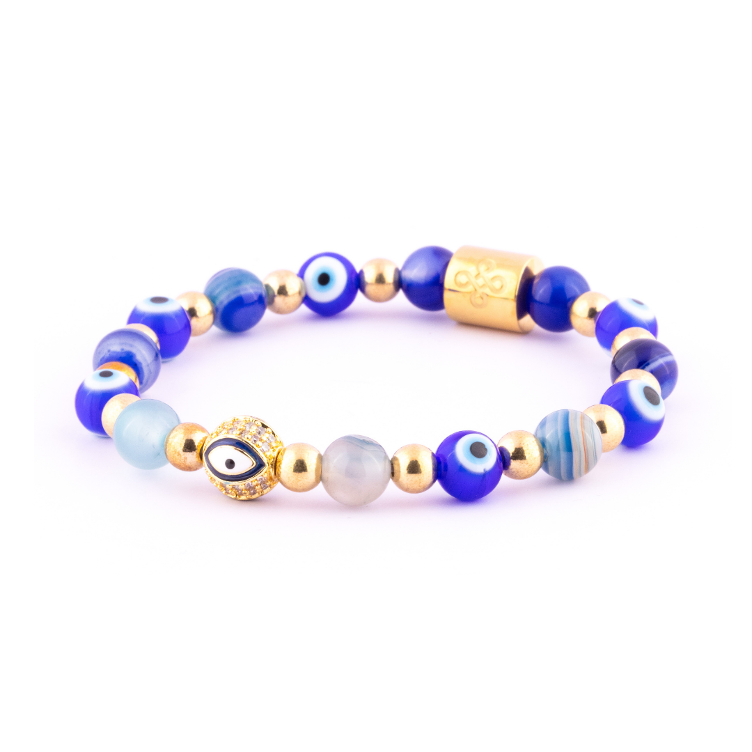 Diana I Bracelet (Evil Eye Charm in Natural Blue Evil Eye, Blue Lace Agate & Gold Pyrite)