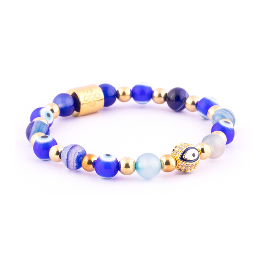 Diana I Bracelet (Evil Eye Charm in Natural Blue Evil Eye, Blue Lace Agate & Gold Pyrite)