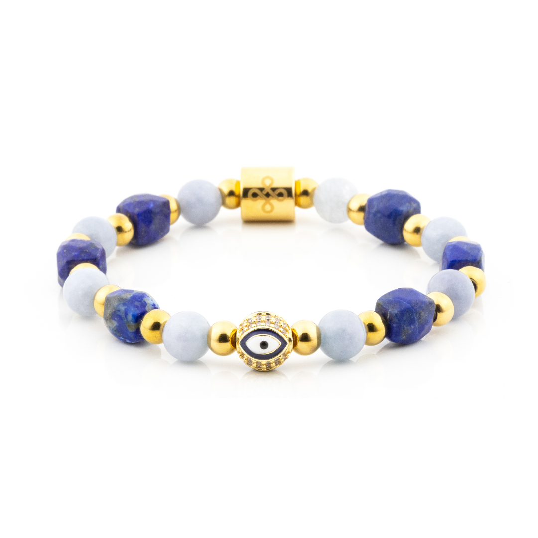 Diana VI Bracelet (Evil Eye Charm in Natural Aquamarine and Lapiz Lazuli)