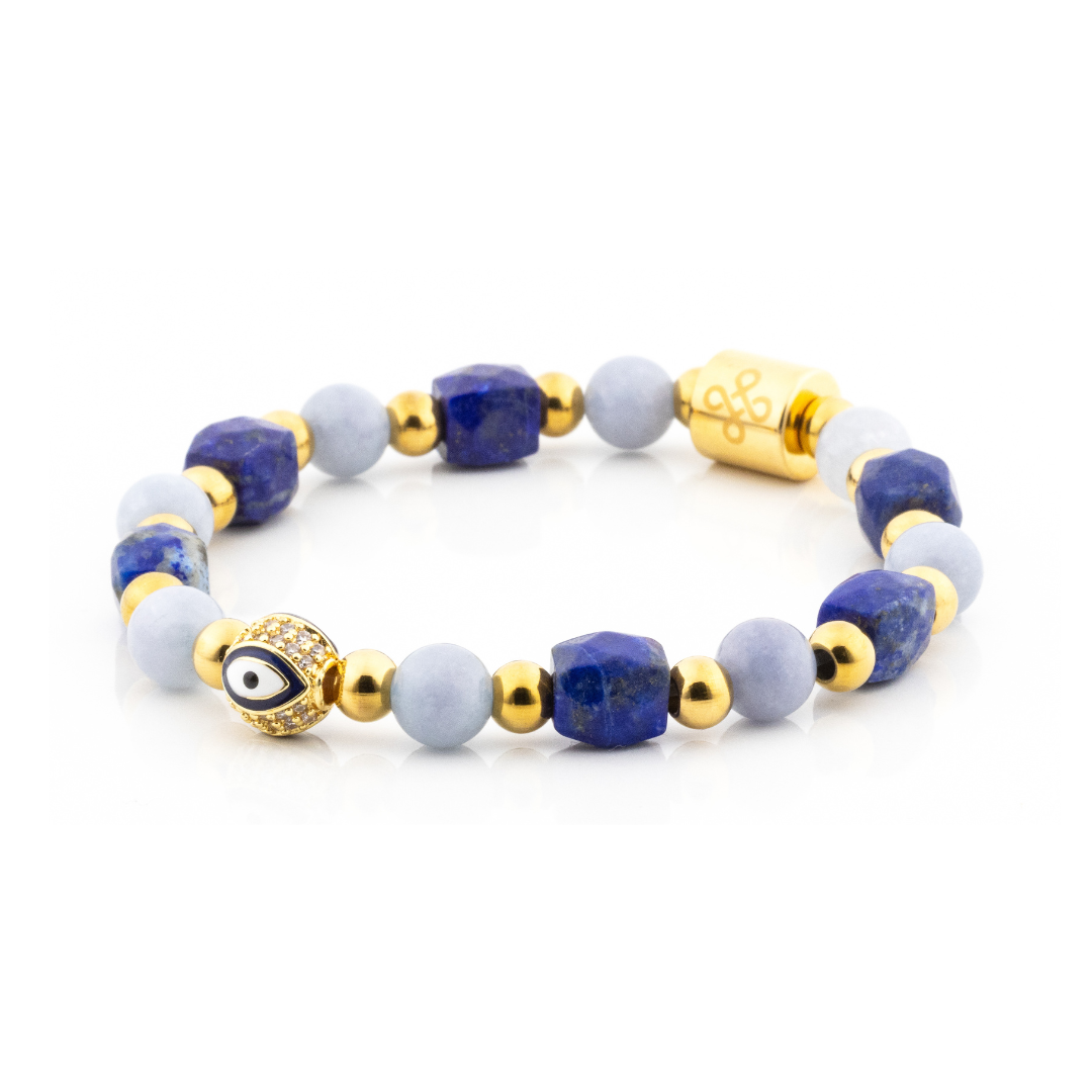 Diana VI Bracelet (Evil Eye Charm in Natural Aquamarine and Lapiz Lazuli)