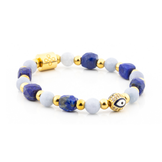 Diana VI Bracelet (Evil Eye Charm in Natural Aquamarine and Lapiz Lazuli)