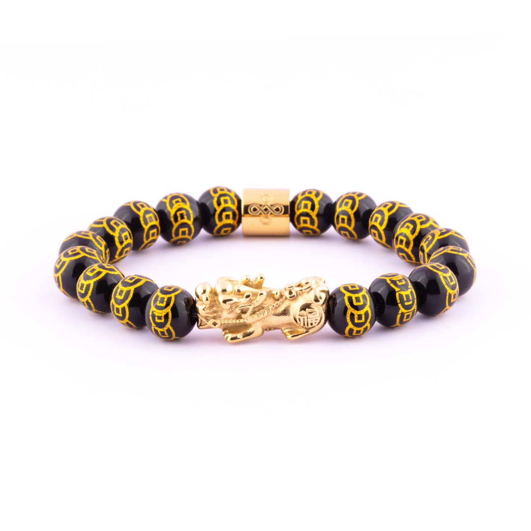 Lucky Piyao in 9-Coins Engraved Natural Black Onyx Bracelet