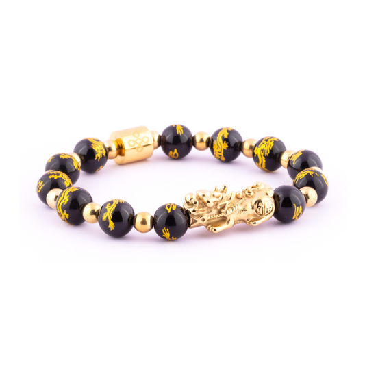 Emperor's Luck IV Bracelet (Lucky Piyao in Dragon Engraved Natural Black Onyx)