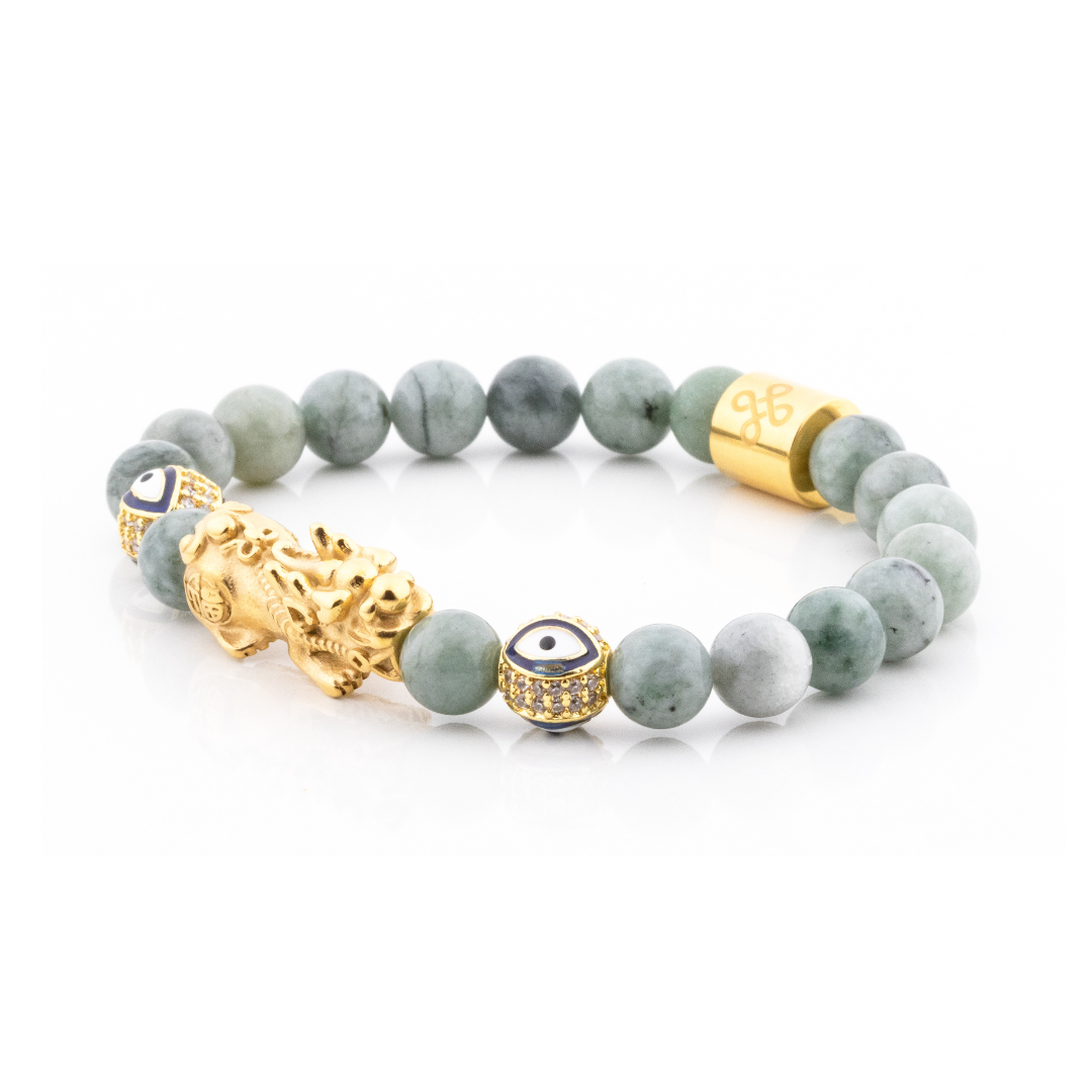 Emperor's Luck VI Bracelet (Lucky Piyao  and Evil Eye Charm in Natural Matcha Alashan Agate)