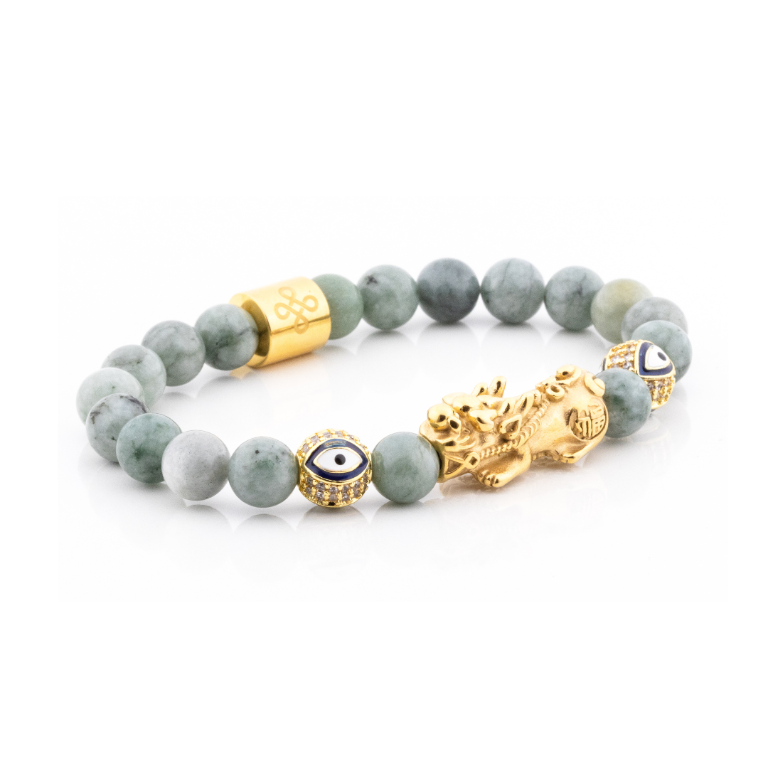 Emperor's Luck VI Bracelet (Lucky Piyao  and Evil Eye Charm in Natural Matcha Alashan Agate)