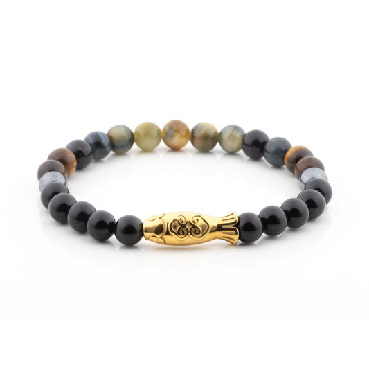 Yamabuki I Bracelet (Koi Fish Charm, Black Onyx, Tiger's Eye, Hematite)