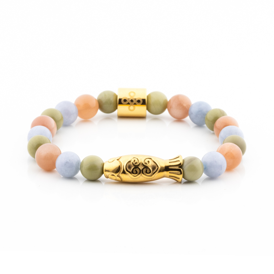 Yamabuki II Bracelet (Koi Fish Charm, Matcha Alashan Agate, Aquamarine and Sunstone)