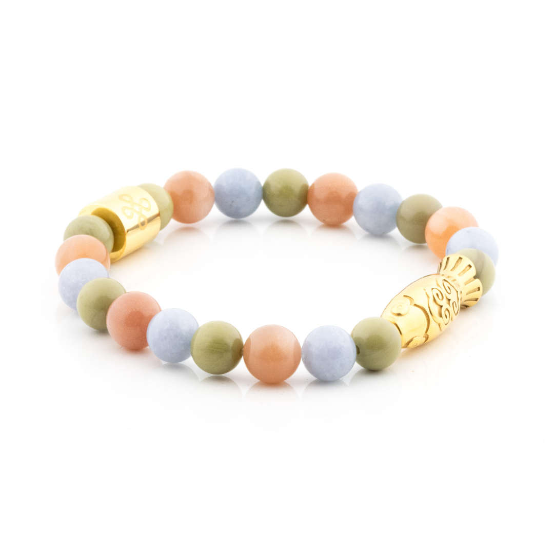 Yamabuki II Bracelet (Koi Fish Charm, Matcha Alashan Agate, Aquamarine and Sunstone)