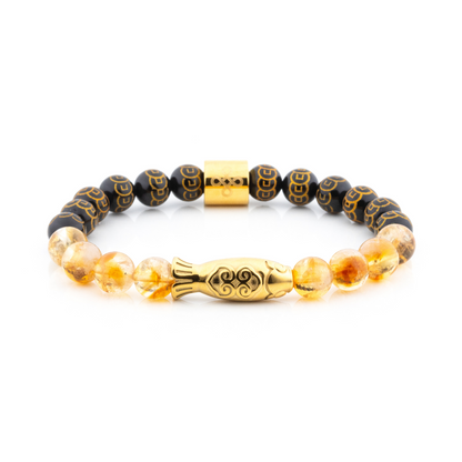 Yamabuki III Bracelet (Koi Fish Charm, Citrine and 9-Coins Engraved Black Onyx)