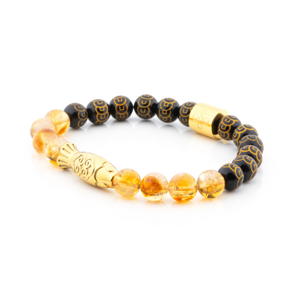 Yamabuki III Bracelet (Koi Fish Charm, Citrine and 9-Coins Engraved Black Onyx)