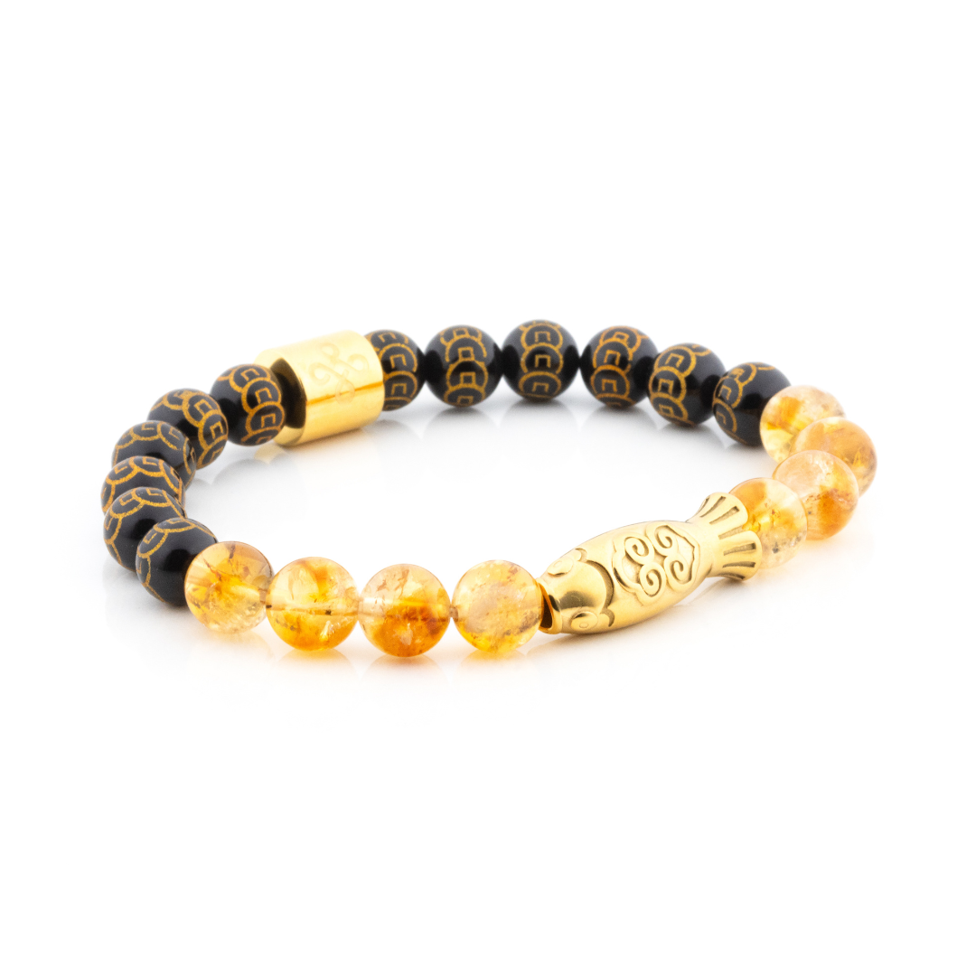 Yamabuki III Bracelet (Koi Fish Charm, Citrine and 9-Coins Engraved Black Onyx)