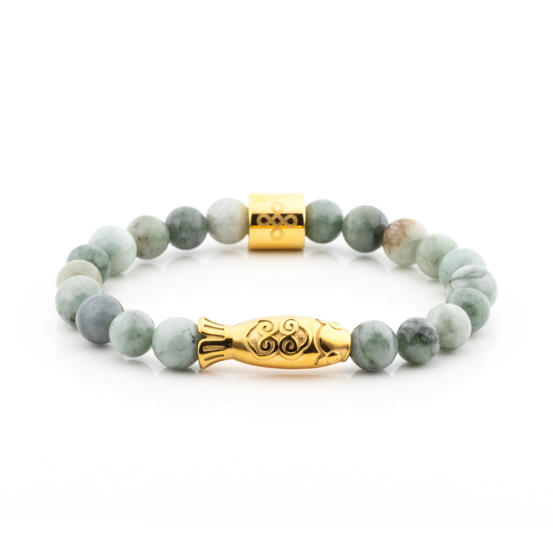 Yamabuki V Bracelet (Koi Fish Charm and Burmese Jade)