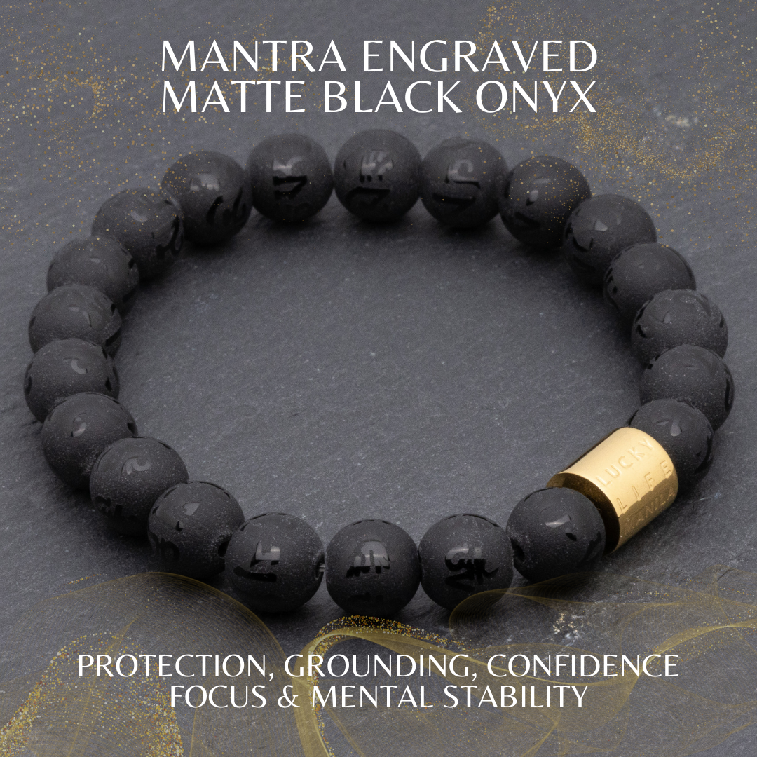 Classic Mantra Engraved Matte Black Onyx Bracelet